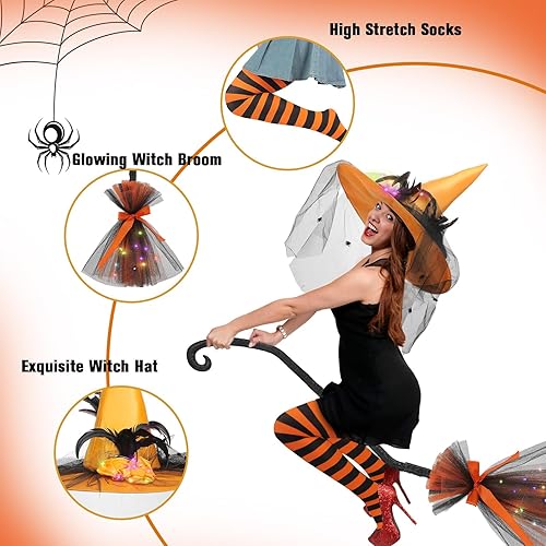 Miniatura 10 de 3 piezas de disfraz de bruja brillante de Halloween, sombrero de bruja brillante, escoba a rayas ajustadas para mujer, bruja cosplay, fiesta de