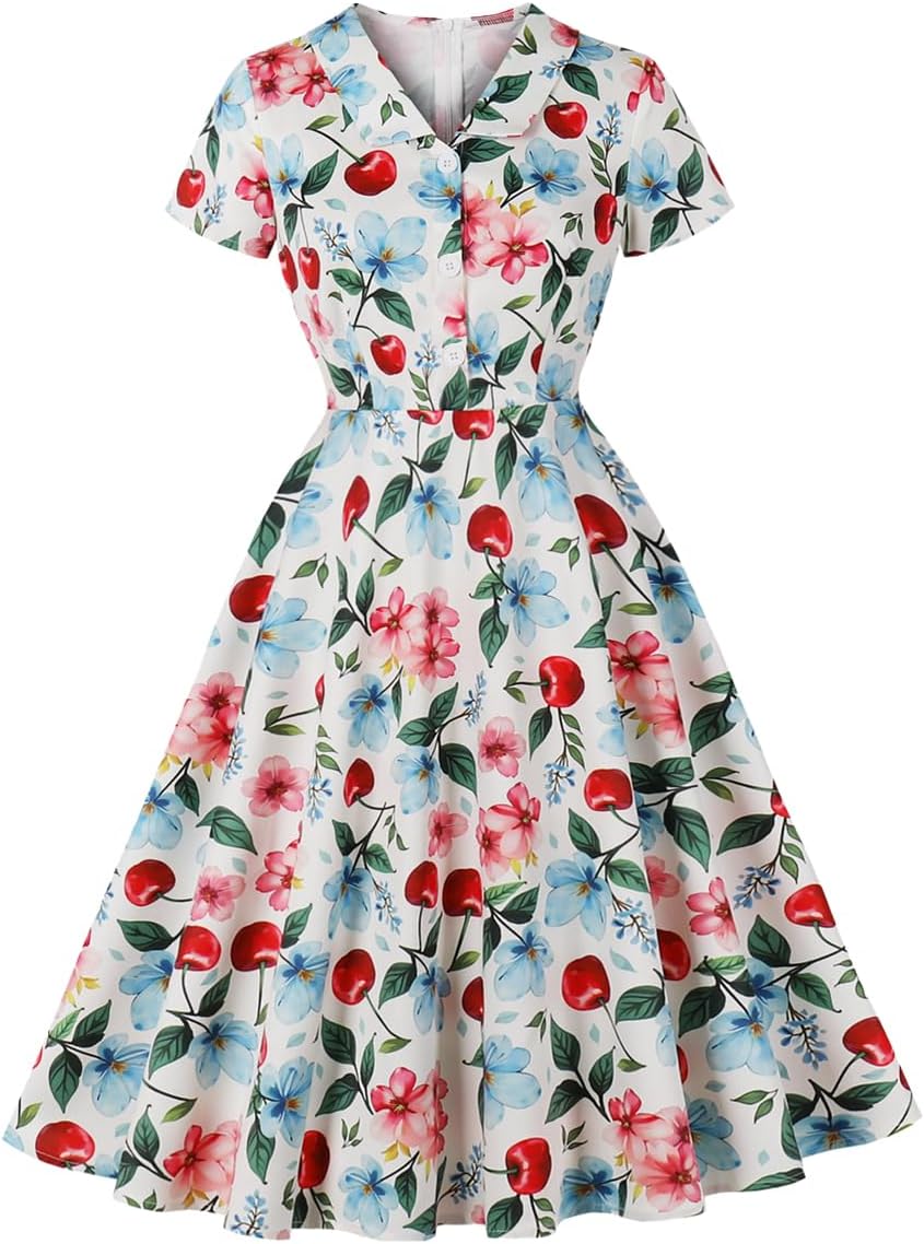 Women's 1950s Retro Dress Short Sleeve Floral Print Swing Dresses for Vintage Cocktail Party Rockabilly Dress