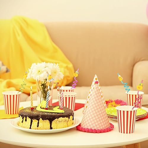 Miniatura 6 de Honoson 24 popotes de pato, regalos de fiesta de cumpleaños, con 2 cepillos de limpieza, tema, reutilizable, plástico, tonto, 8 diseños (estilo
