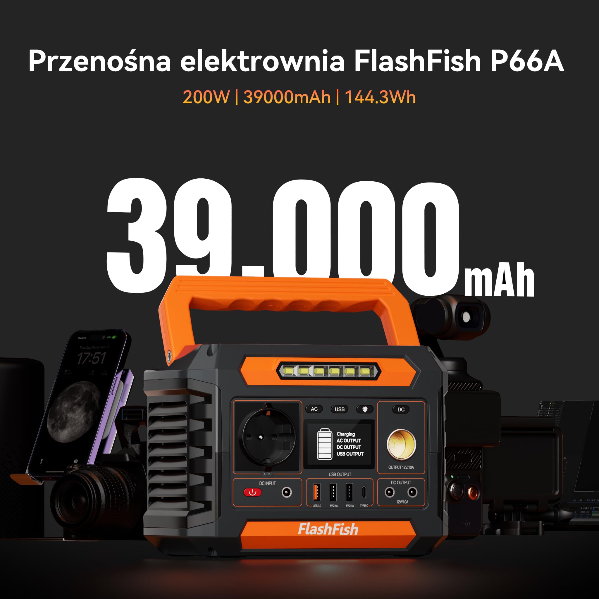 Przenośna elektrownia FlashFish 144,3 Wh z panelem słonecznym 60 W, generatorem słonecznym 200W z oświetleniem 230V AC/typ C/LED, akumulatorem zapasowym do biwakowania, podróży i zasilania awaryjnego