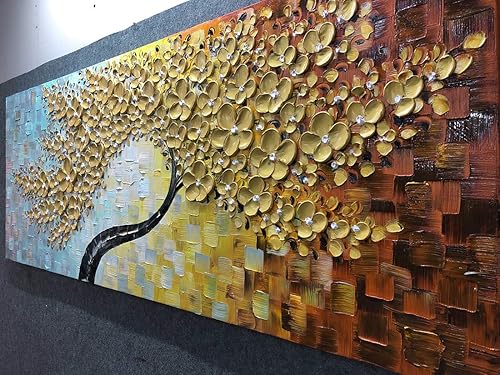 Miniatura 4 de V-inspire Arte, 24 x 60 pulgadas, arte abstracto moderno pintado a mano, árbol de la fortuna, arte de pared dorado, pinturas en lienzo, marco de