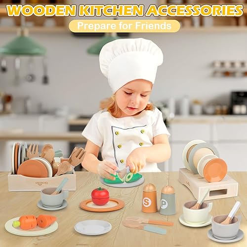 Miniatura 5 de Juego de platos y platos de madera para niños, 27 piezas de accesorios de cocina de madera, juguete de cocina para niños y niñas de 3, 4, 5, 6