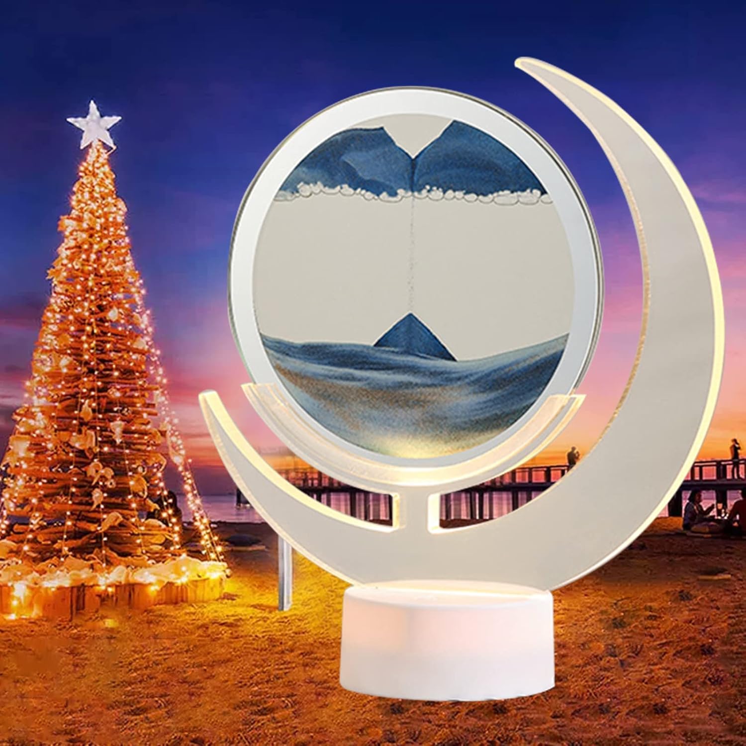 Moving Sand Art Quicksand Painting Table Lamp,Moon Shape 3D Mobile Sand Painting Table Lamp Glass Flowing Sand Art Desktop Home Office Decor,Gift for Adult Kid Calm Relaxing (Blue)