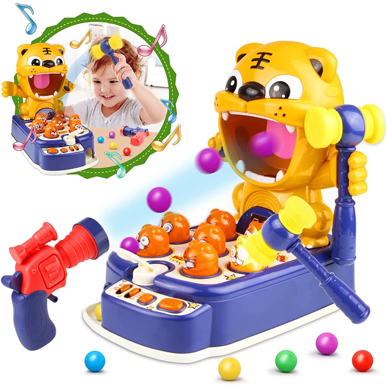 Beauenty Whack A Mole Game Toys, Mini Electronic Arcade Game with 2 Hammers, Target Shooting Toddler Toys with Music Lights,Interactive Toy Early Educational Toys for Kids 3-6 Years Old (Blue)