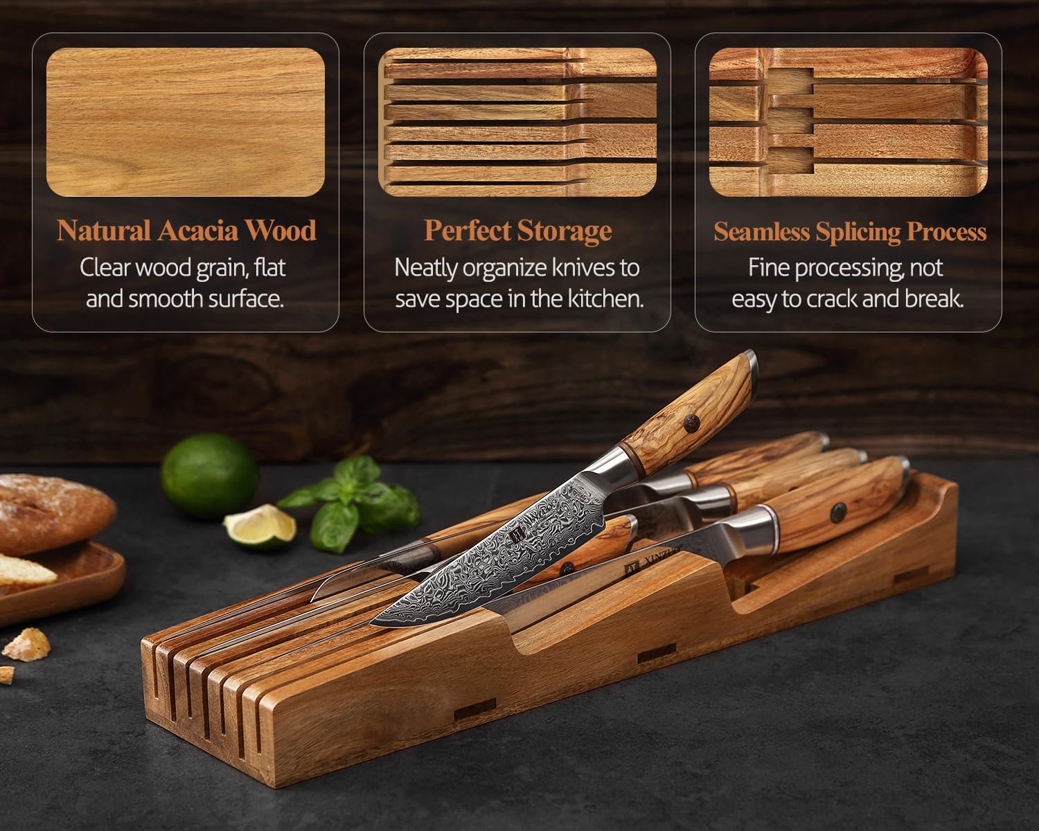 XINZUO Madera de Acacia de Bloque Portacuchillos para Cajones 43,6x11,5x5,3cm Reposacuchillos -Organizador de Cuchillos para Cajón para 3 Cuchillos Largos+4 Cortos (Sin Cuchillos)-Con Caja de Regalo