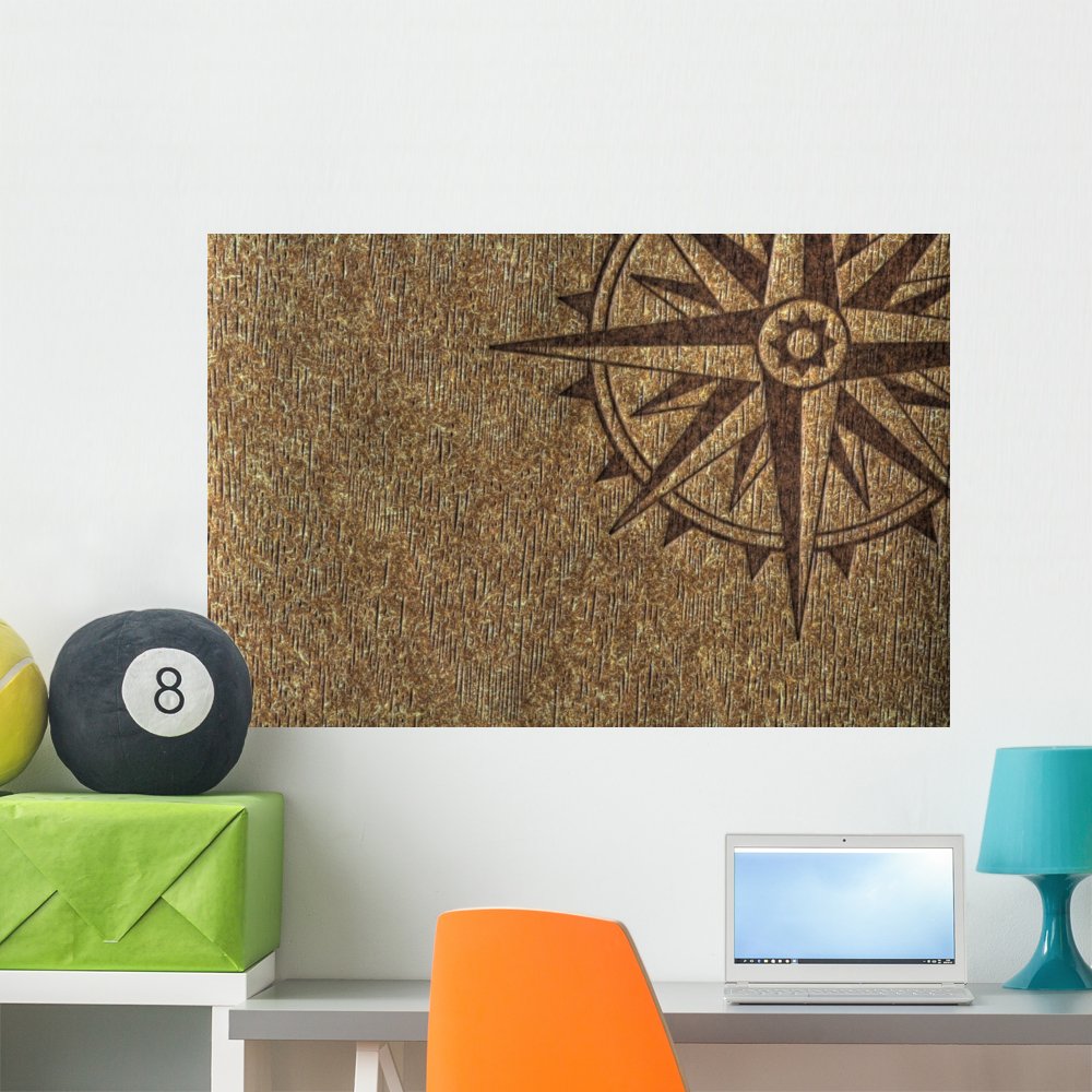 Wallmonkeys Compass Rose on Wood Texture Wall Decal Peel and Stick Graphic WM172341 (36 in W x 24 in H)