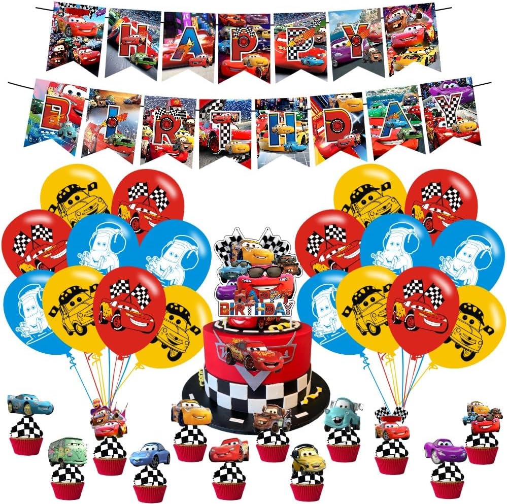 Las decoraciones de cumpleaños de coches incluyen pancarta de feliz cumpleaños, decoración de pastel y decoración de cupcakes, globos para