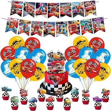 Cars Birthday Decorations Include Happy Birthday Banner, Cake Topper and Cupcake Toppers, Balloons for Cars Theme Party Supplies