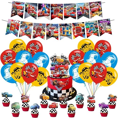 Cars Birthday Decorations Include Happy Birthday Banner, Cake Topper and Cupcake Toppers, Balloons for Cars Theme Party Supplies