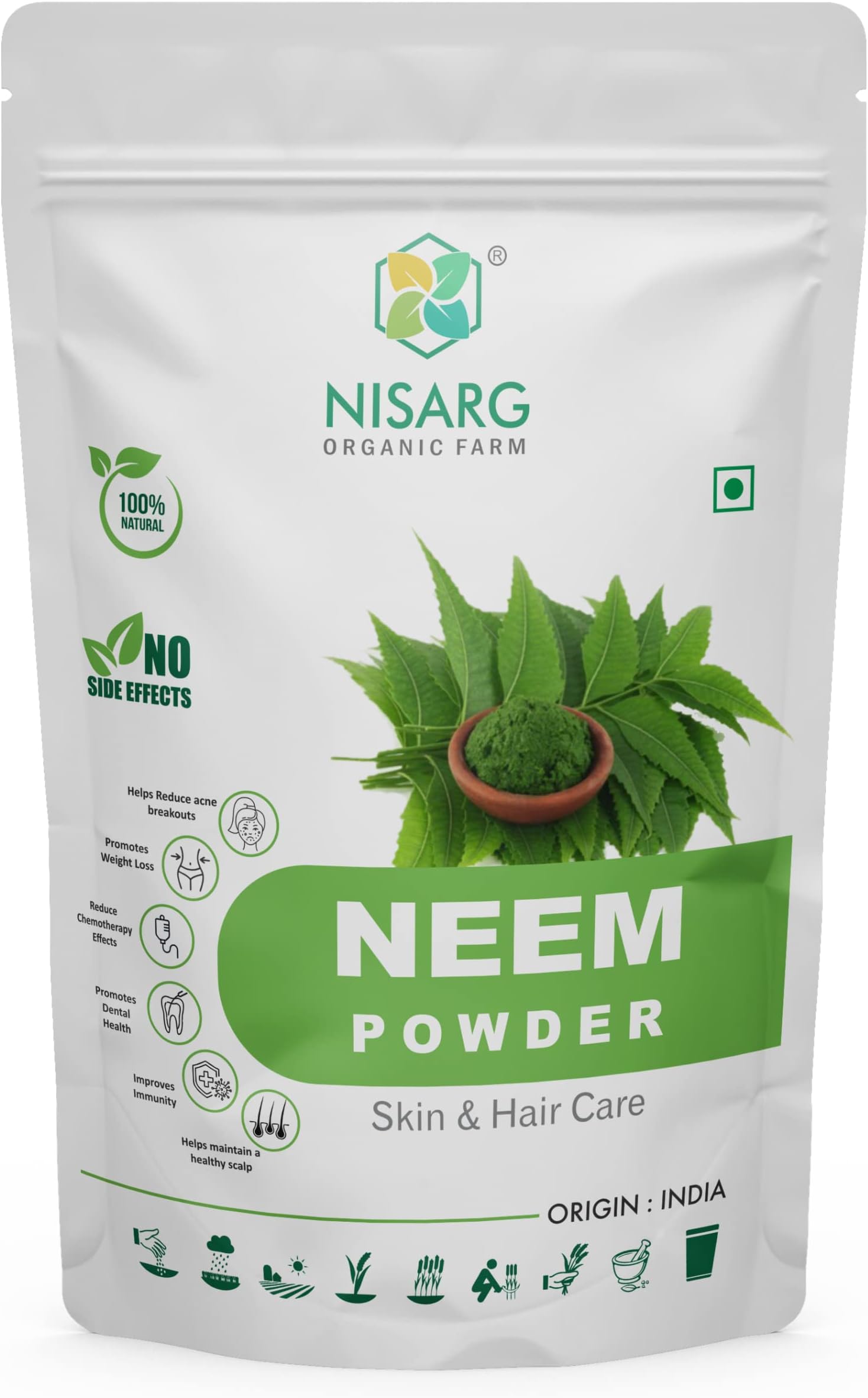 NISARG ORGANIC FARM Neem Leaf Powder Organic Natural Traditional Method Made No Chemicals or Preservatives for Face Skin Hair Growth Pack and Daily Use (Sun Dried & Stemless) (Pack Of 1,200gm)