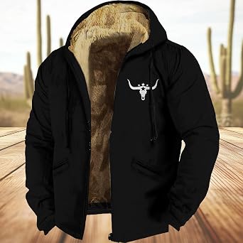 HOTYD Western Cowboy Jackets for Men Retro Aztec Graphic Print Hooded Jackets Drawstring Long Sleeve Zip Up Fleece Lined Winter Coats A-Black S