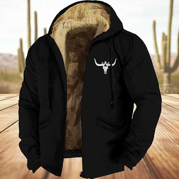 HOTYD Western Cowboy Jackets for Men Retro Aztec Graphic Print Hooded Jackets Drawstring Long Sleeve Zip Up Fleece Lined Winter Coats A-Black S