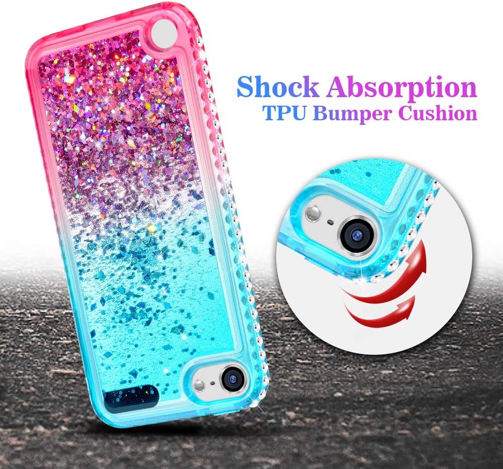 iPod Touch 5 6 7 Case, iPod Touch Case 5th 6th 7th Generation for Girls, Ruky Quicksand Series Glitter Flowing Liquid Floating Bling Diamond Flexible TPU Cute Case for iPod Touch 5 6 7 (Teal Pink)