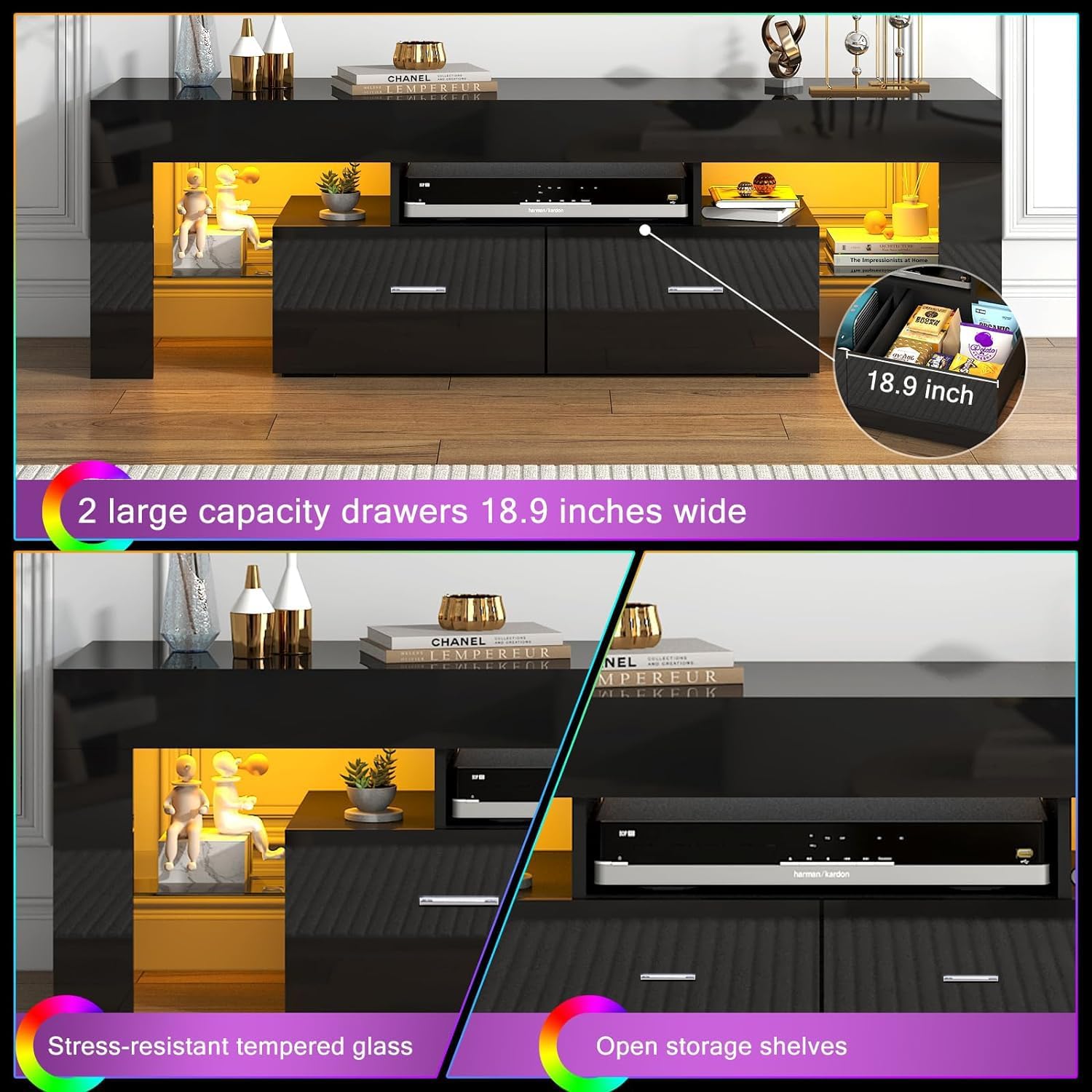Black 63 Inch Floating TV Stand with Two Drawers & 16-Color LED Lights, Large Modern Entertainment Center for TVs Up to 75 Inches, Wooden Media Console with Open Shelf