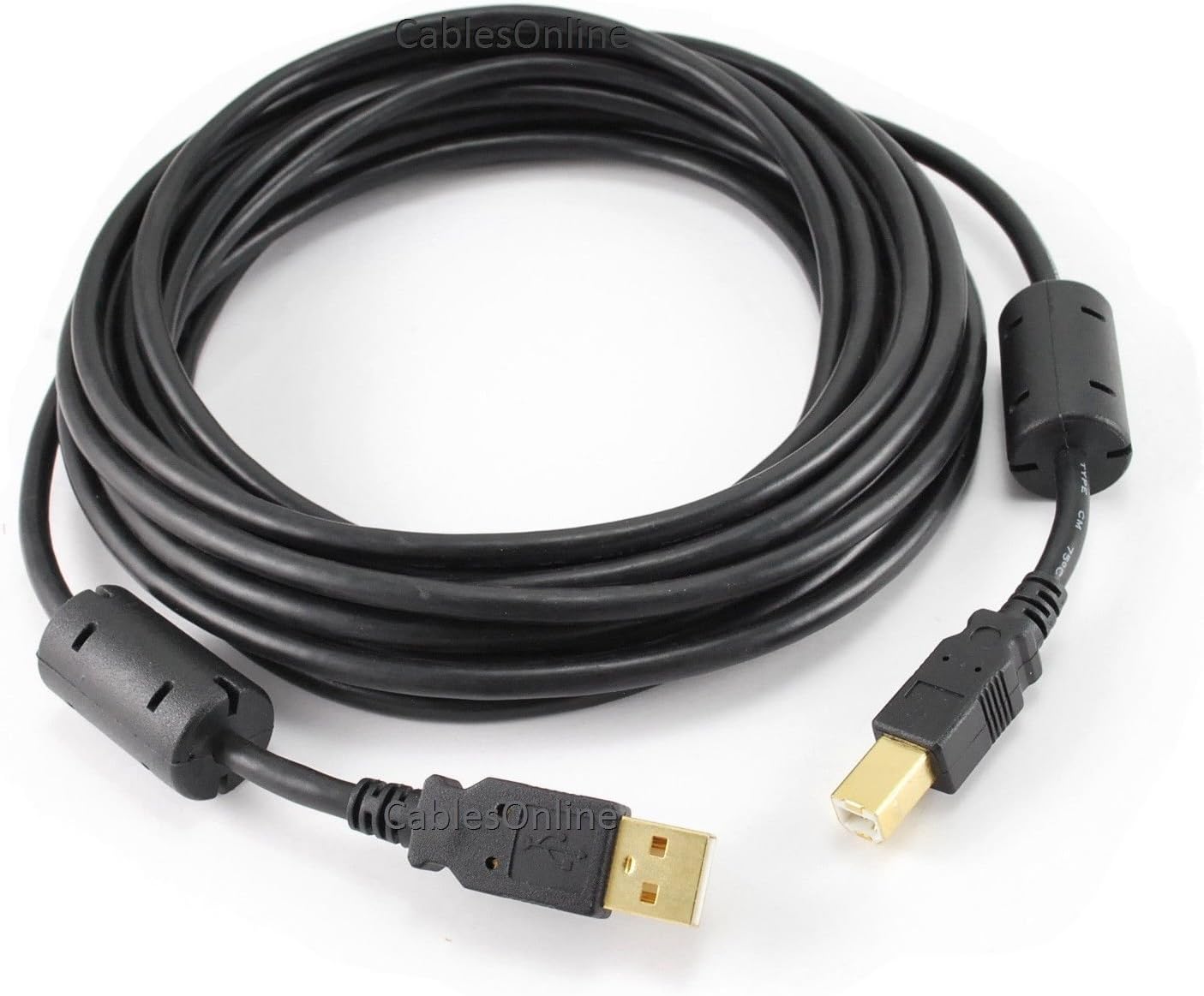 CablesOnline 20 Feet Hi-Speed USB 2.0 A-Male to B-Male Cable with Two Ferrite Cores, 20-AWG, Gold Plated, Black (5 Pack) (USB2-AB20K-5)