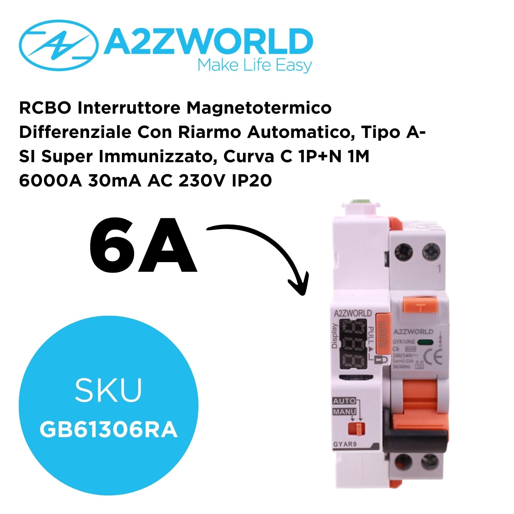 Interruptor diferencial magnetotérmico con rearme automático, tipo A-SI Curva C 32A, RCBO 1P+N 6kA 30mA 220V, Slim Solo 2 módulos DIN, rearmable 3 veces (10s, 60s, 300s)