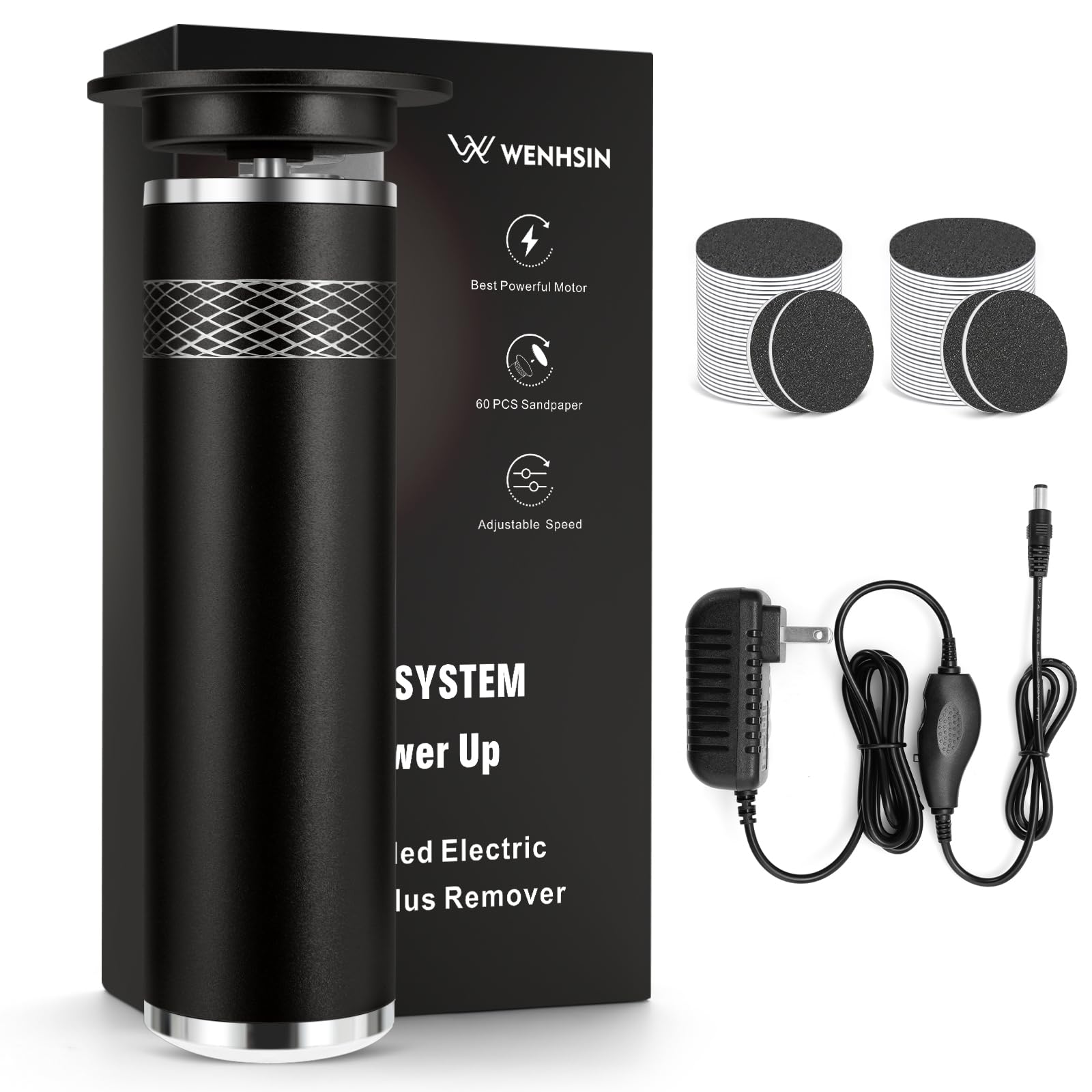 Removedor eléctrico de callos de pies mejorado, recargable, lima de pies de velocidad ajustable, herramientas de pedicura con 60 discos de papel de lija para hombres y mujeres, piel muerta, piel dura