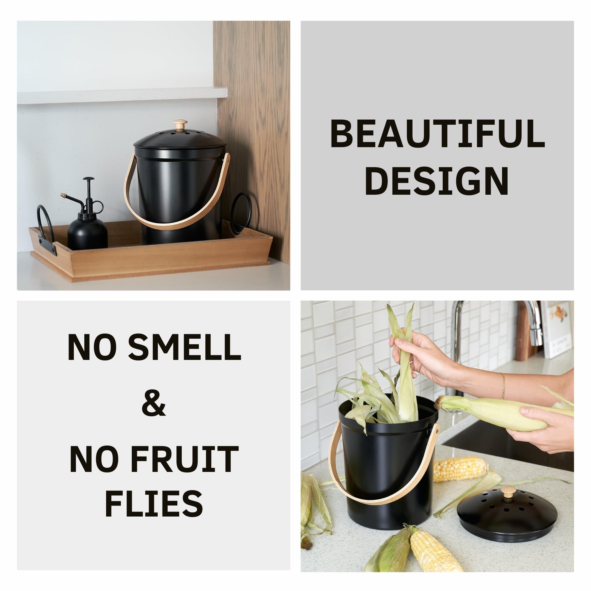 Magnifique bac à compost de cuisine avec couvercle anti-odeurs – Seau à compost antirouille et inodore pour votre plan de travail avec filtres sans odeur – Facile à nettoyer – La poubelle de 3,8 l est