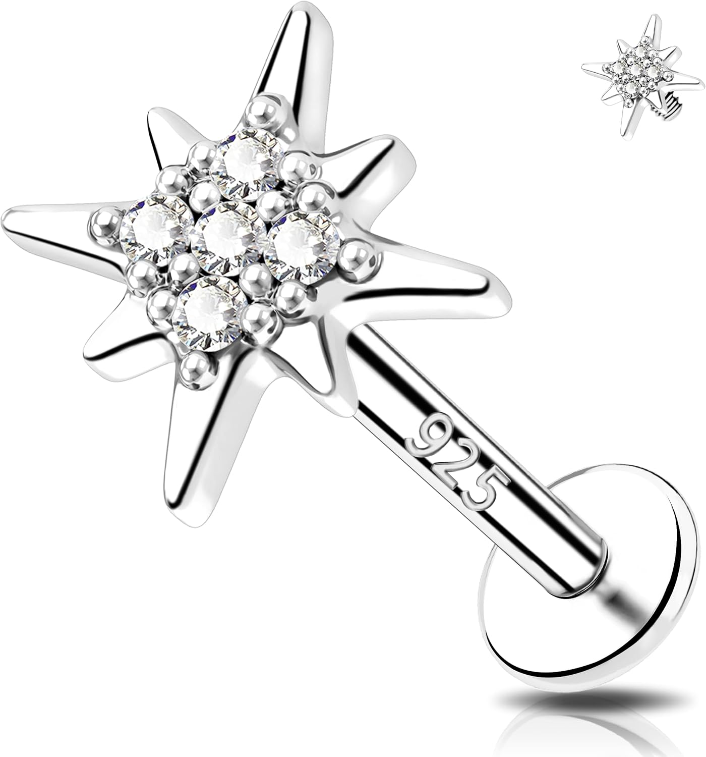 Melighting 16G Sterling Silver 925 Cartilage Earring, Internally Threaded Helix Piercing Jewelry, Dog Paw Flower Star Clear CZ Flat Back Tragus Lobe Conch Eyebrow Stud for Women 6/8 mm