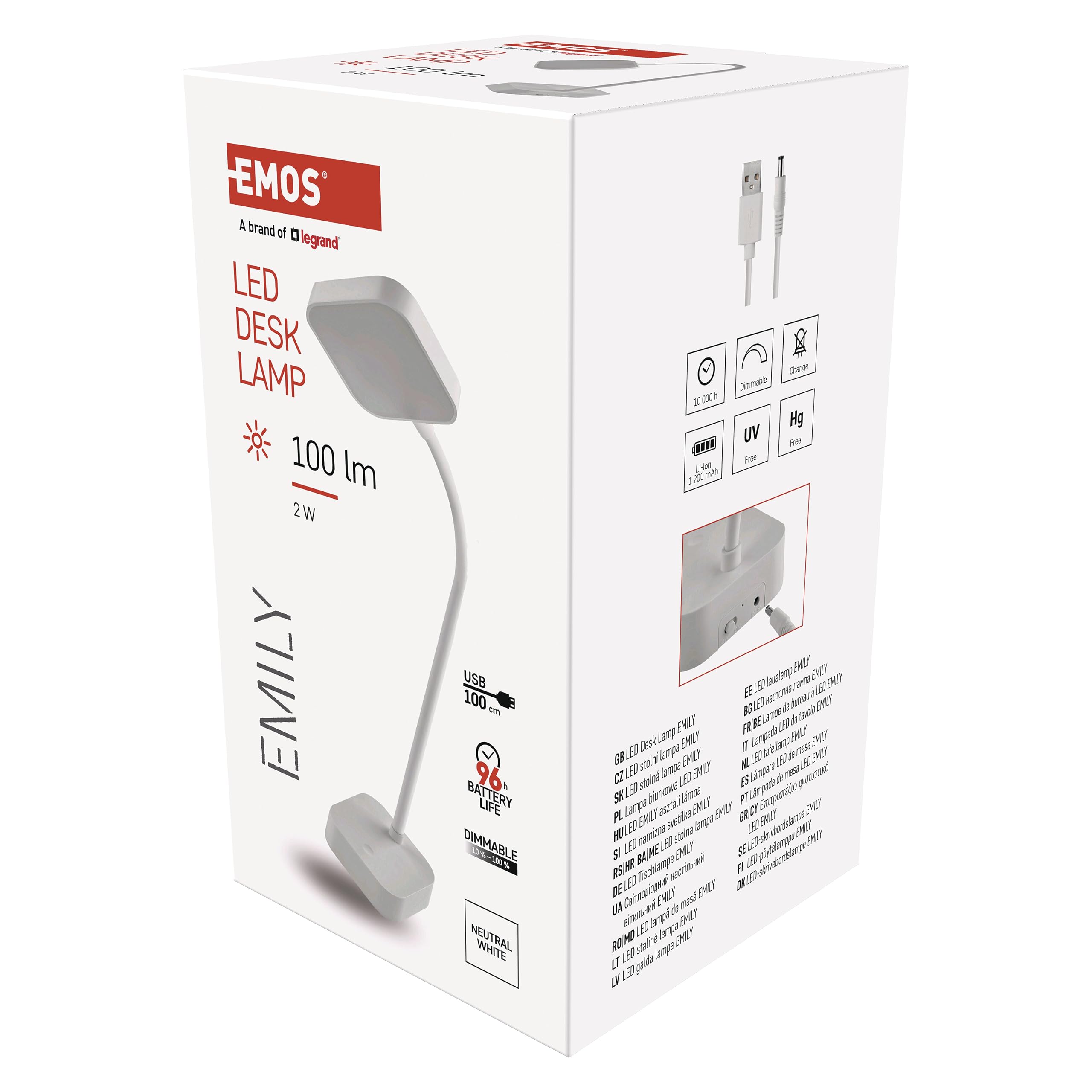 EMOS Lampada da scrivania a batteria EMILY, lampada da tavolo a LED ricaricabile via USB, durata 96 ore, potenza 2 W, luminosità 100 lm, senza fili, flessibile, regolazione continua, cavo di ricarica