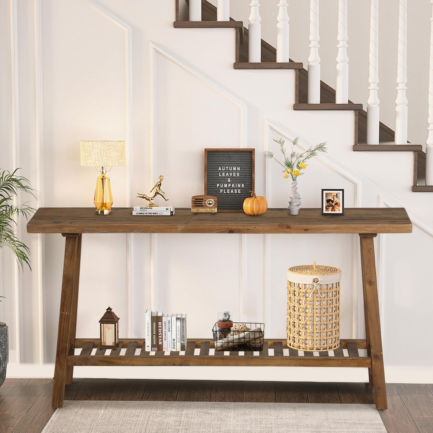 Reclaimed Solid Wood Console Table, 59" Long Farmhouse Entryway Tables, Rectangular Couch Table Behind Sofa, 2 Tiers Accent Tables for Hallway, Entrance, Foyer, Living Room