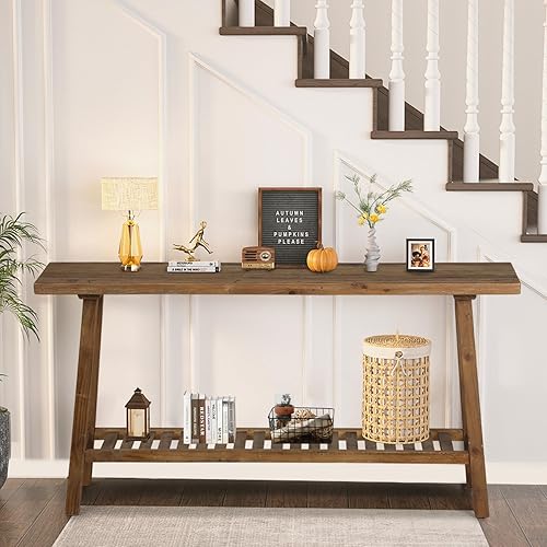 Miniatura 8 de Mesa Consola de Madera Maciza Recuperada, 59" de Largo Mesas de Entrada Estilo Granja, Mesa Rectangular de Sofá Detrás del Sofá, Mesas de Acento