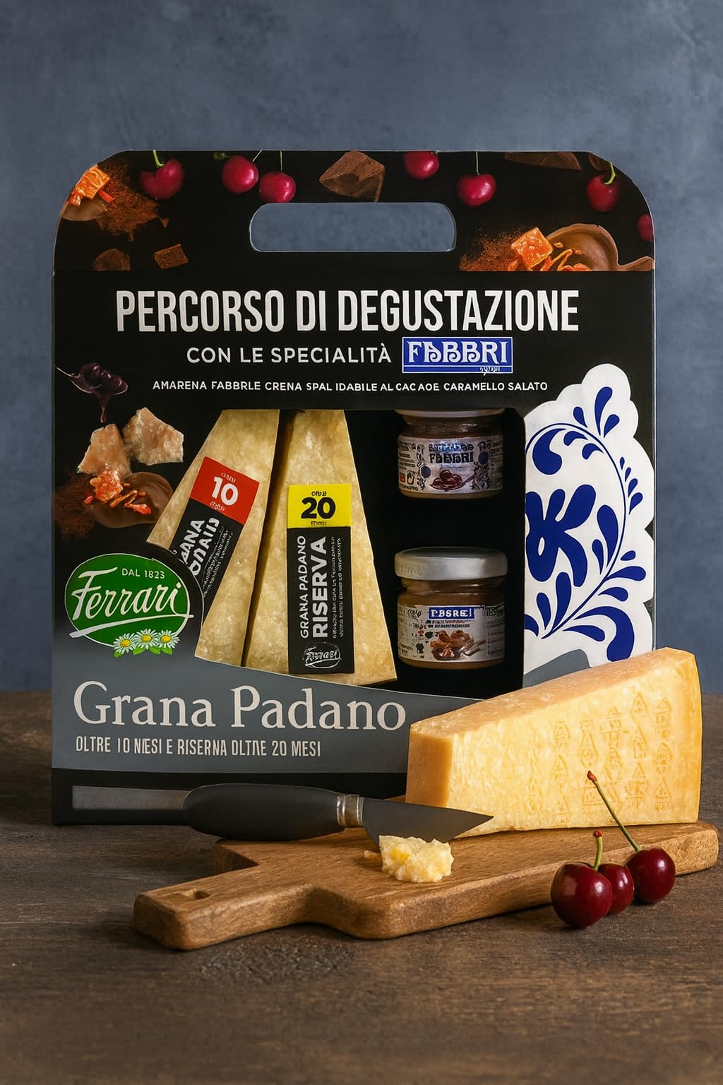 Confezione con Formaggio Italiano Stagionato 10 e 20 Mesi 400g e Specialità Dolci alla Frutta per Degustazioni Gourmet, Taglieri Raffinati e Regali Gastronomici di Alta Qualità
