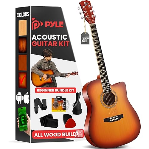Pyle Steel String Acoustic Guitar Kit, 4/4 Full Size Cutaway All-Wood Guitarra Acustica with Premium Accessory Set and Upgraded Gig Bag, 41" Cherry Burst Glossy