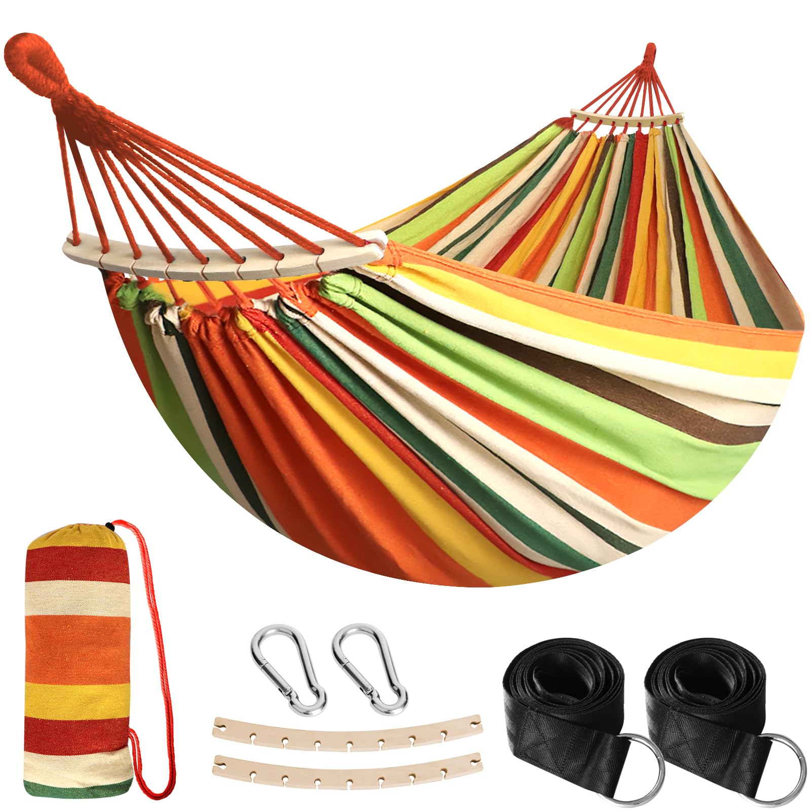 Anyoo Hamaca de Algodón para Jardín con Barra de Madera Curvada de 40 cm Hamaca Cómoda Portátil con Bolsa de Viaje Compacta, Patio Interior/Exterior