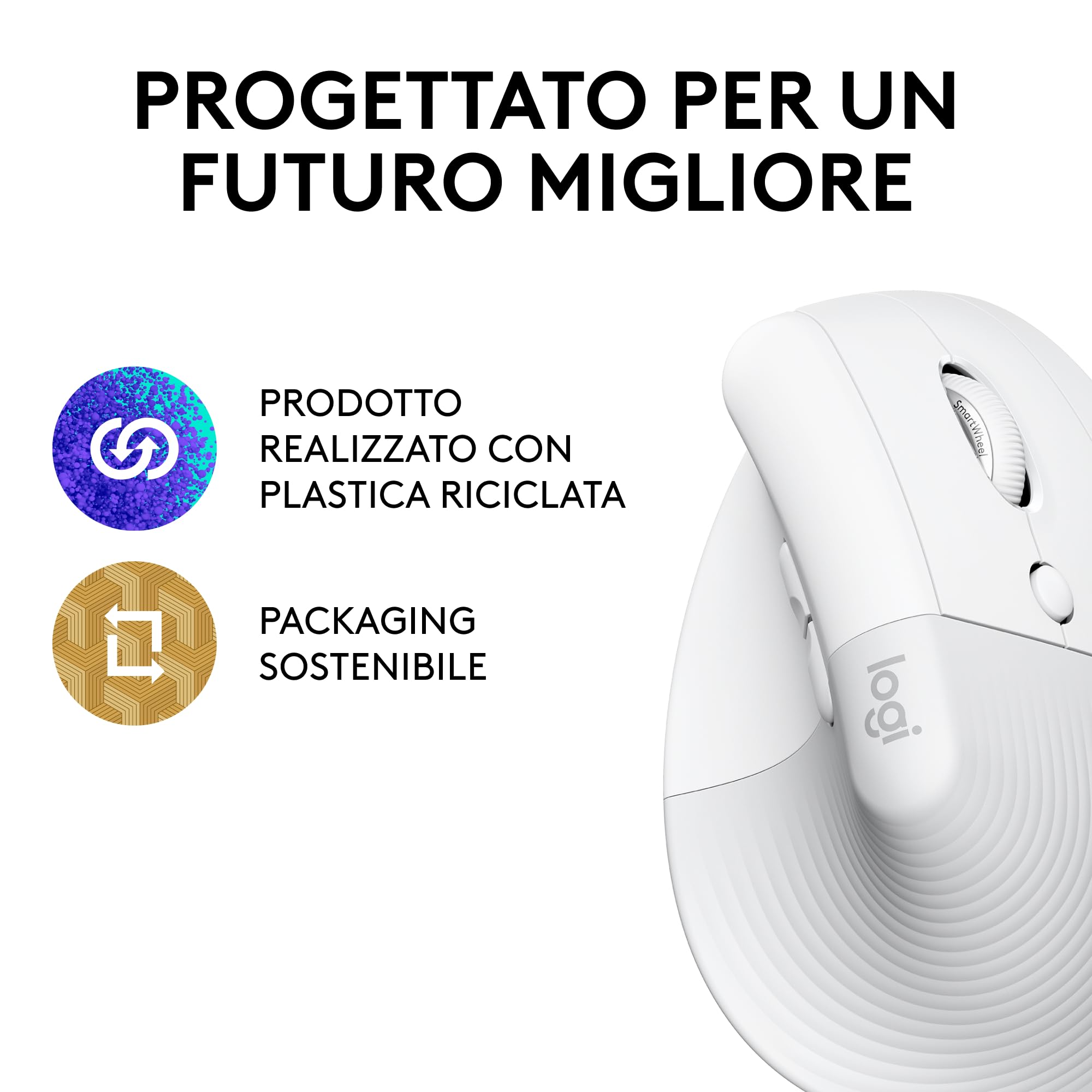 Logitech Lift Mouse Ergonomico Verticale, Senza Fili, Ricevitore Bluetooth o Logi Bolt USB, Clic Silenziosi, 4 Tasti, Compatibile con Windows / macOS / iPadOS, Laptop, PC - Bianco