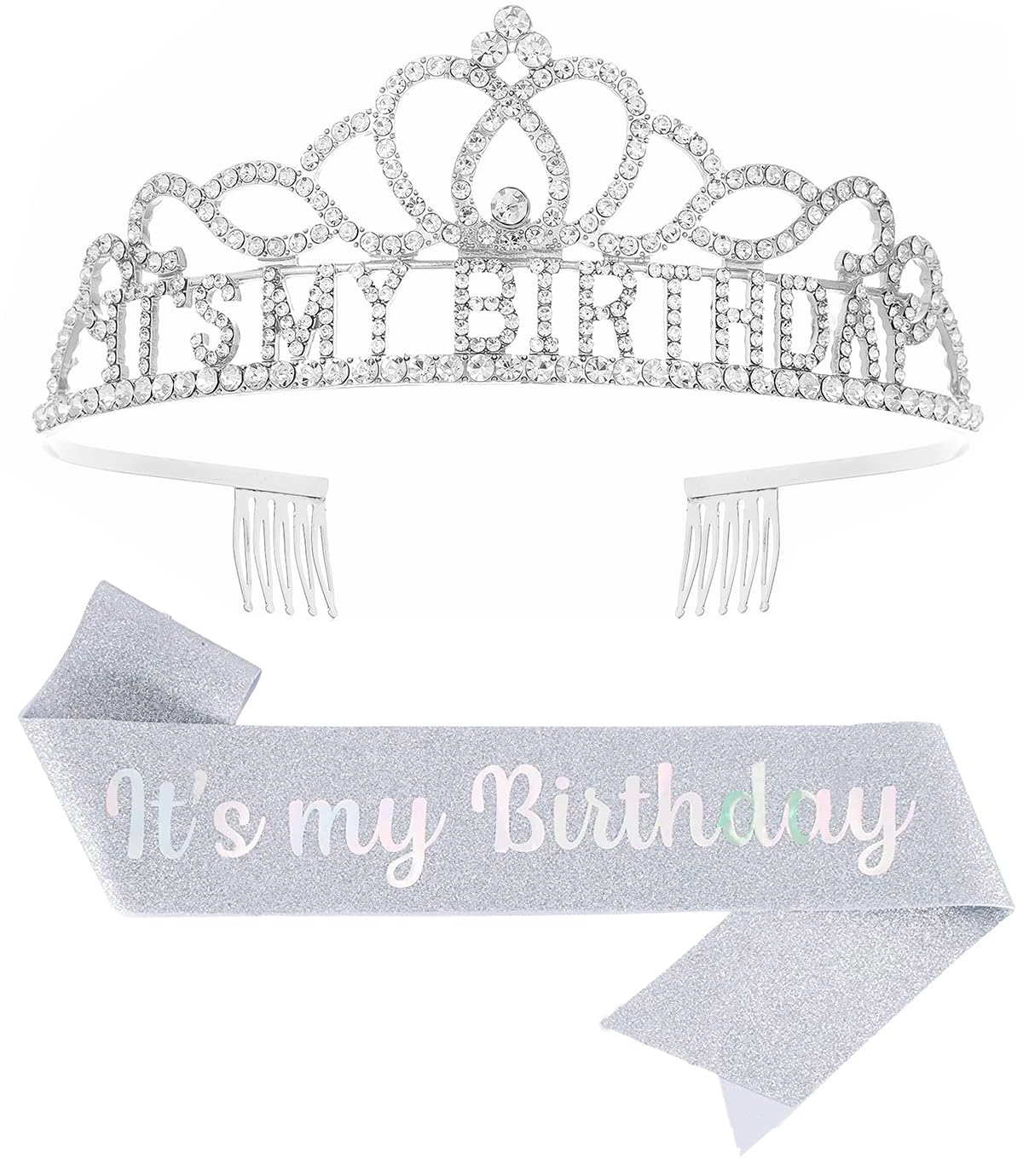 Birthday Tiara and Crown with Sash, Birthday Tiara for Women Party Silver