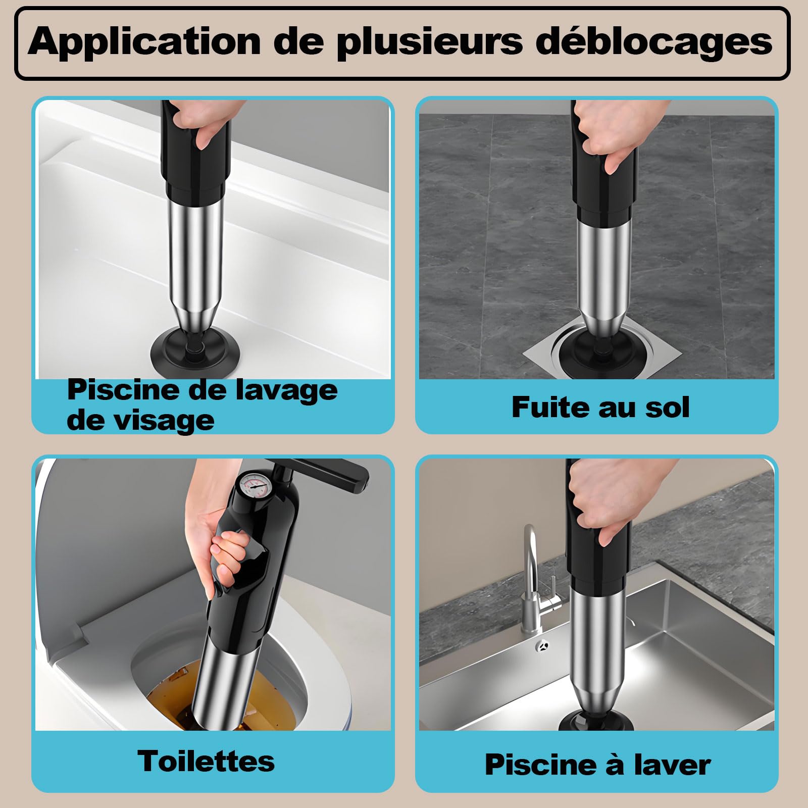 Déboucheur WC à Air Comprimé avec 4 Différentes Ventouses et Baromètre, Deboucheur canalisation Pompe, Déboucheur de Toilette pour Toilette Lavabo Évier Baignoire, 2026 Mise à niveau (Noir)