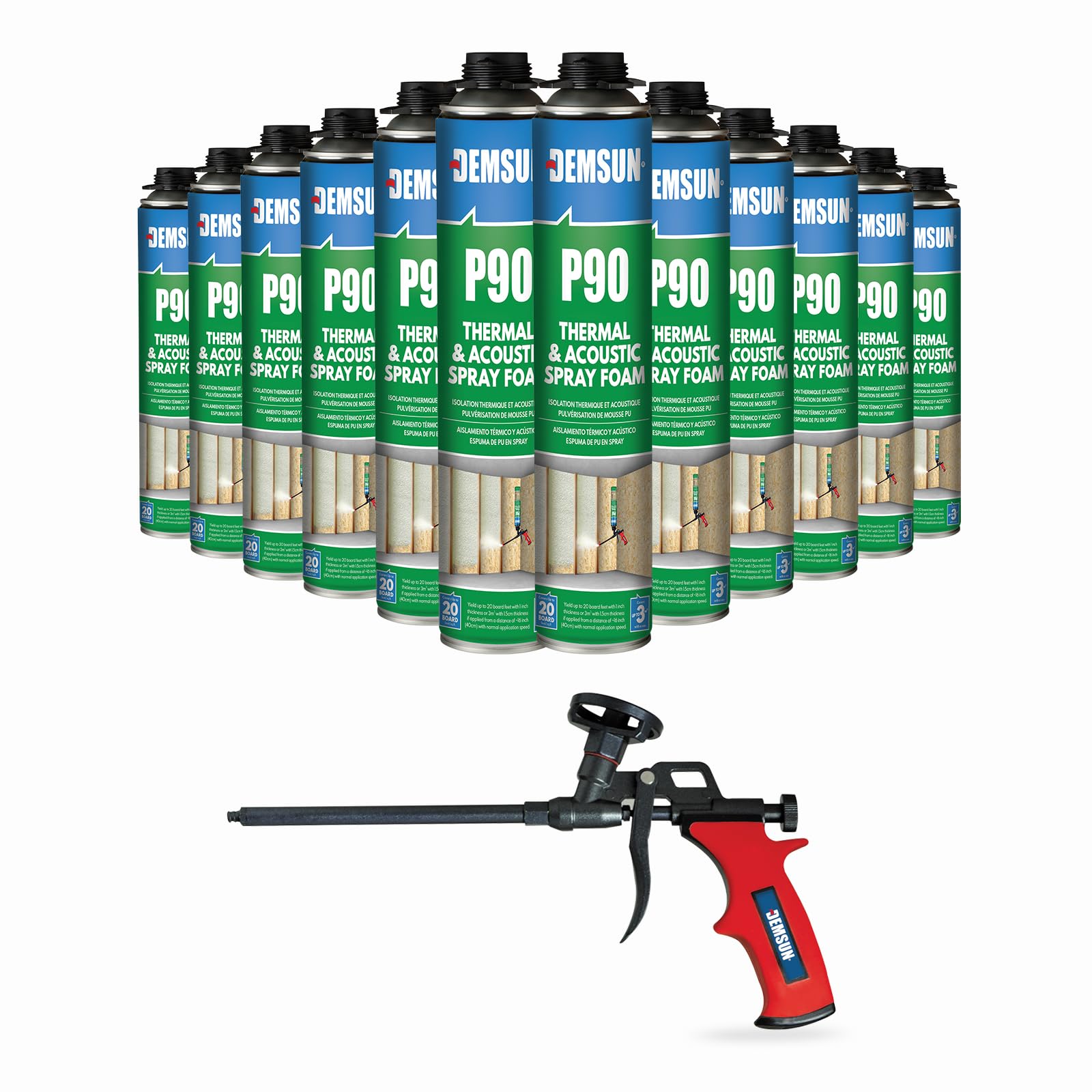 Demsun 12 Pcs 850 ml P90 Acoustic & Thermal Expanding Foam Kit with Gun, Gap Filler, Soundproofing Spray, Professional PU Sealant Bundle for Walls & Cavities