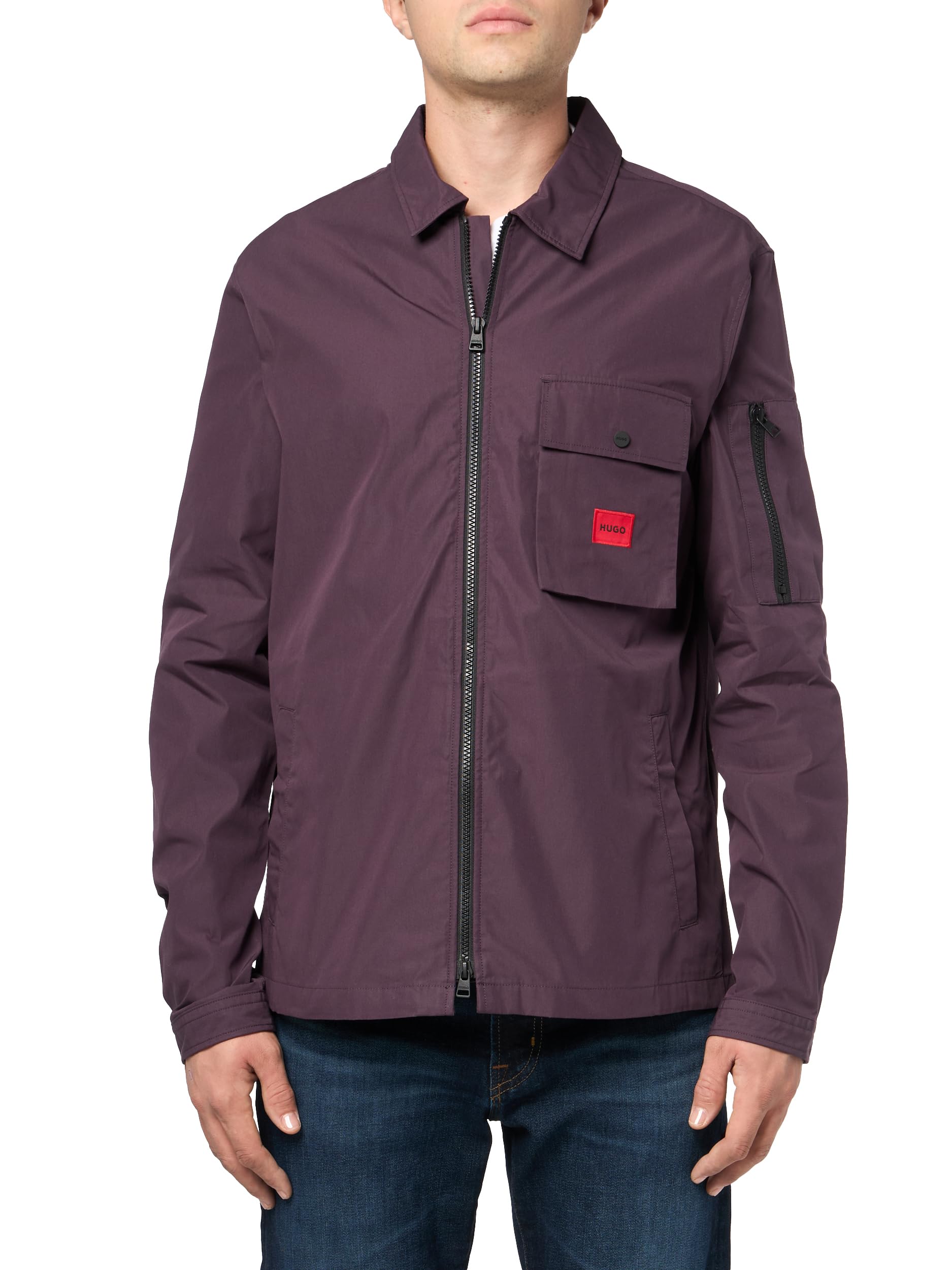 Hugo Men's Cotton Mix Canvas Zip Up Overshirt, Grape, XXL