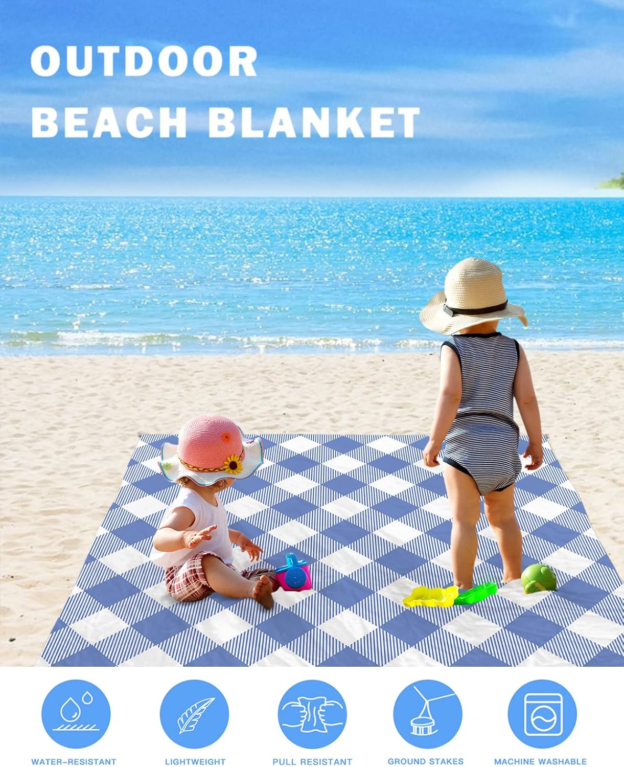 Farmhouse Diamond Plaid Beach Blanket Waterproof Sandproof Outdoor Picnic Mat 118"x108" Buffalo Lattice Tartan Lightweight Large Beaach Blankets with 4 Stake & 4 Corner Pockets
