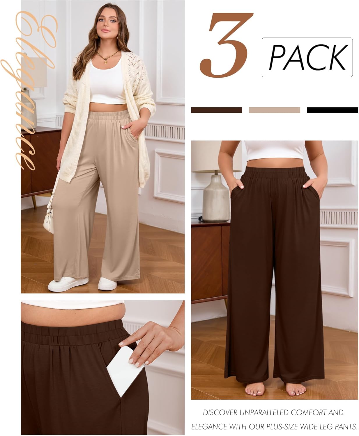 3 Pack Women Plus Size Wide Leg Pants Loose Fit Palazzo Lounge Yoga Sweatpants High Waist Casual Pajamas Pants - Image 4