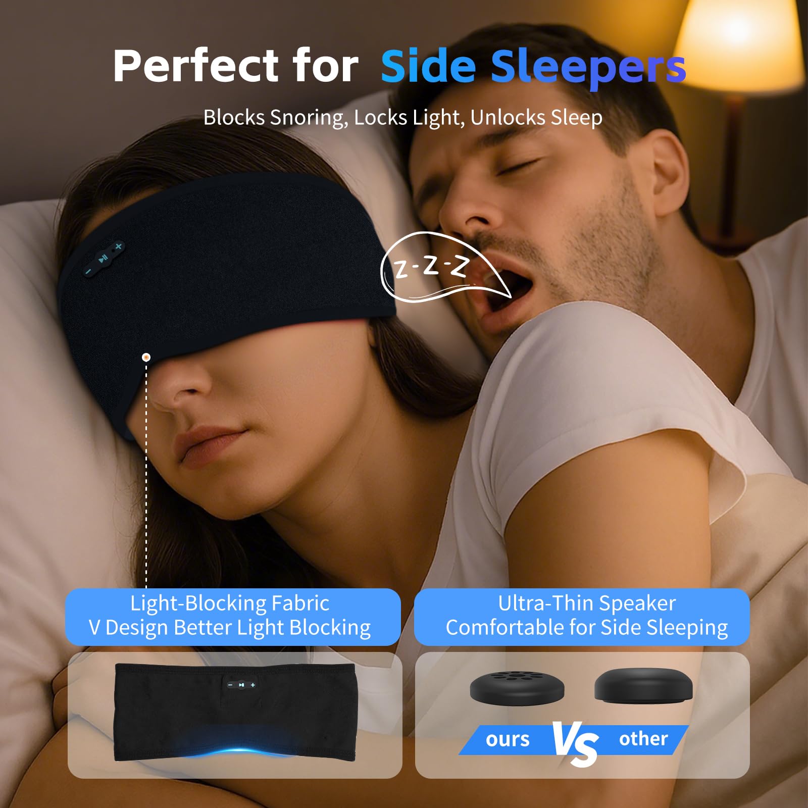 Schlafkopfhörer Bluetooth 6.0 Stirnband, 3 IN 1 Schlafen Stirnband Kopfhörer für Seitenschläfer mit 20H Spielzeit, HD Stereo, Abnehmbares und waschbares Kabelloses Stirnband für Schlafsport (Schwarz)