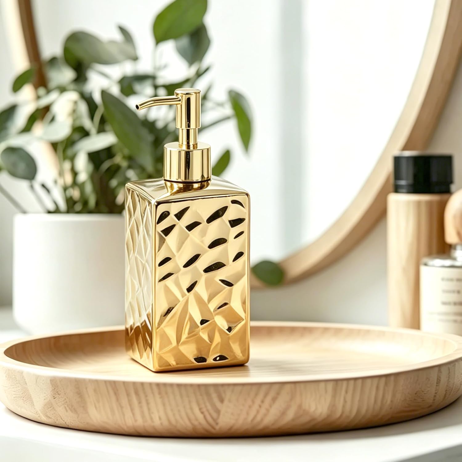 Hand Soap Dispenser, 13oz Ceramic Liquid Dispenser Easy to Press Pump for Lotion Refillable Dish Soap Bottle for Bathroom Kitchen Modern Style (Gold, Square)