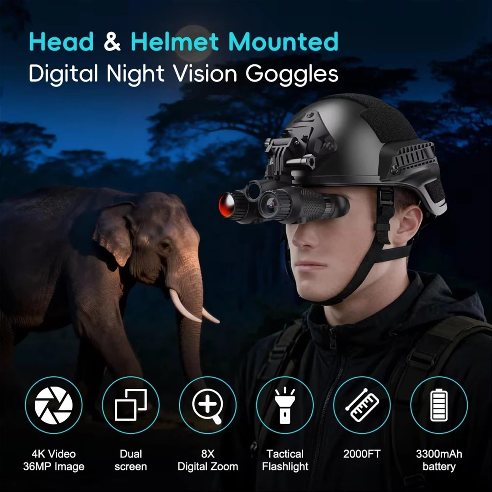 Lunettes de Vision Nocturne montées sur la tête NV8100 Jumelles de Vision Nocturne Mains Libres 4K Rechargeables, Lampe de Poche, 1300 Pieds, Zoom numérique 8X