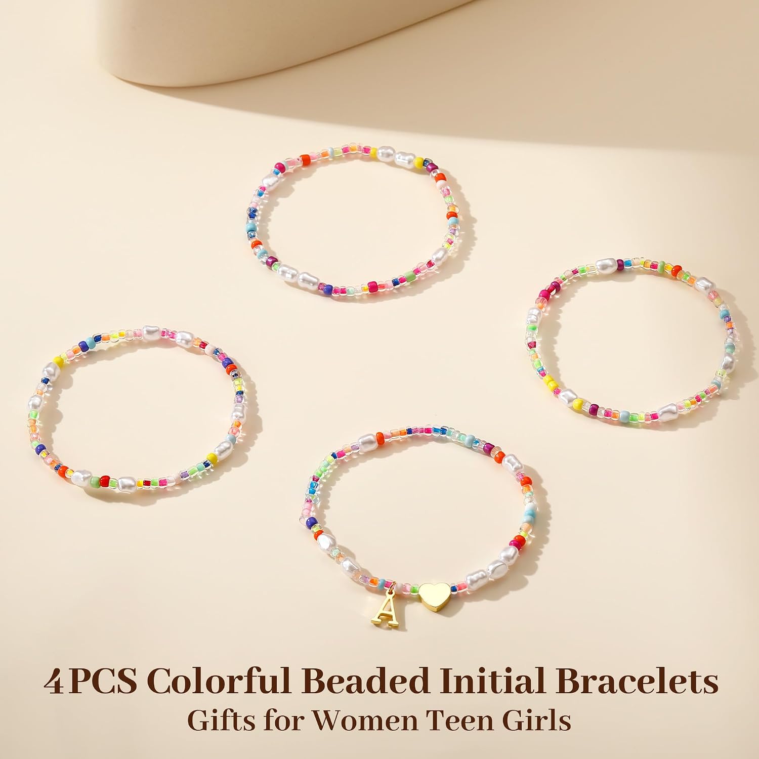 Colorful Initial Bracelets for Girls Kids - 4PCS Stretchable Beaded Pearl Heart Initial Charm Bracelets for Women Teen Girl Gifts Cute Stackable Kids Bracelets Jewelry Set Summer Beach Jewelry