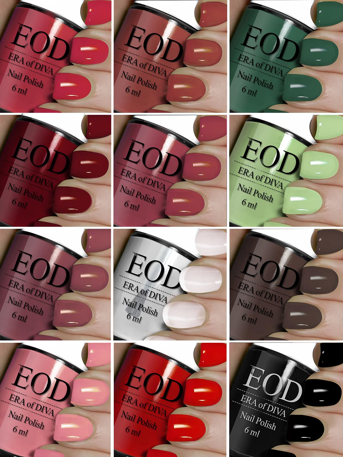 Eod 6Ml Each Glossy Finish Shine Long Lasting Nail Polish Paint Set Of 12 Bottles Tomato Red::Black::Extra Shine Top Coat::Baby Pink::Old Brick::Pink Peach::Nude::Dark Nude(Pack Of 12)