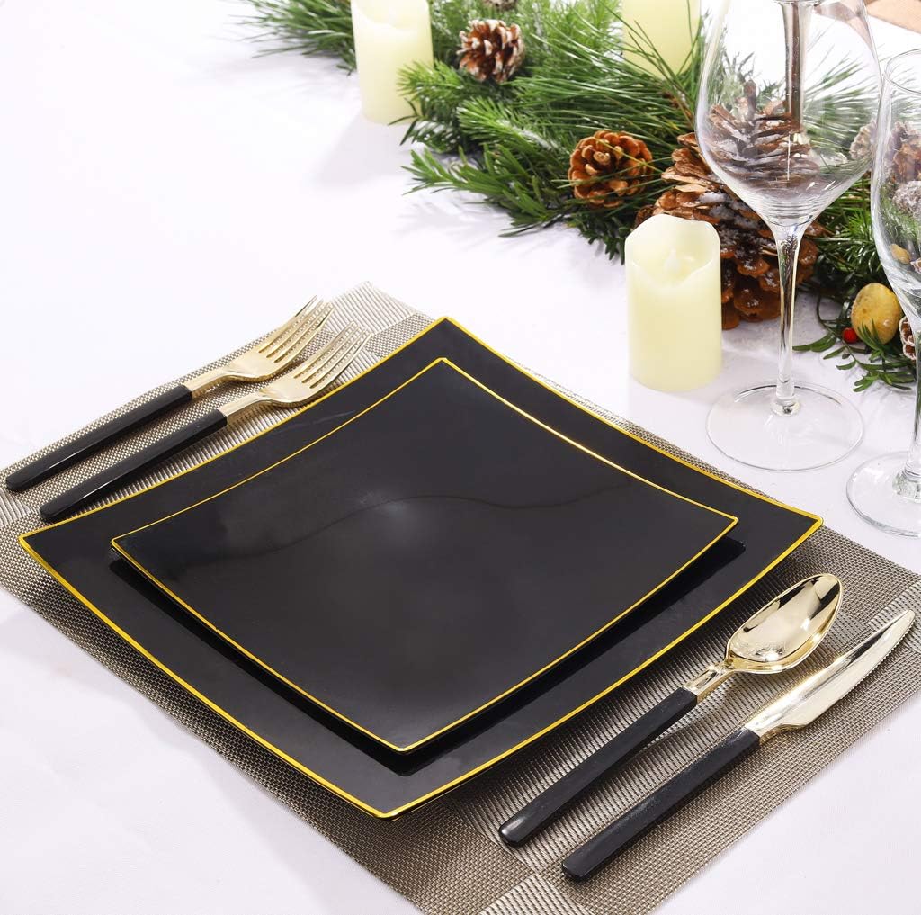 Nervure 150 Pieces Gold Plastic Silverware,Disposable Plastic Cutlery with Black Handle- include 50 Forks,50 Knives,50 Spoons,Perfect for Parties, Weddings & Catering Events