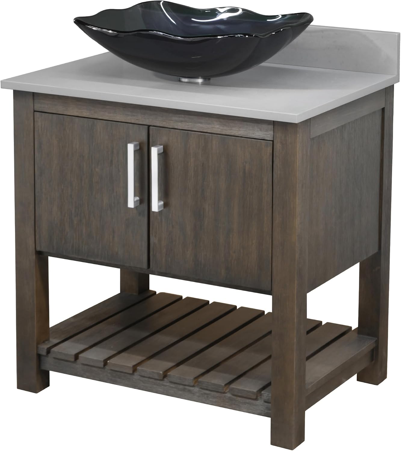 Miseno MV-30CM-NOBV-280-317G 30" Free Standing Single Basin Vanity Set with Cabinet, Rectangular Glass Vessel Sink and Grey Quartz Vanity Top - Cafe Mocha/Storm Grey Top/Chrome Hardware
