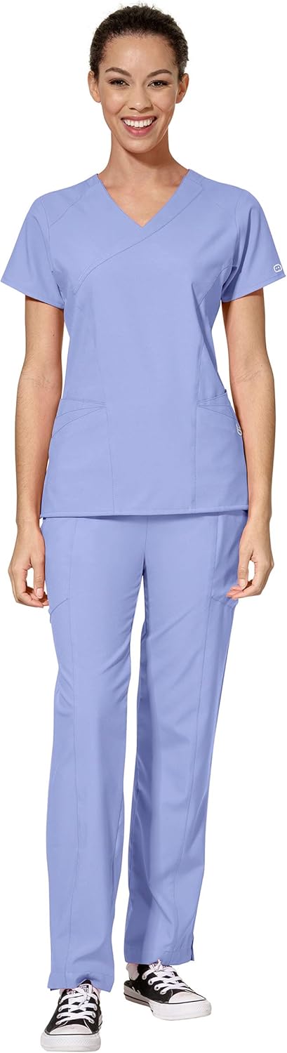 WonderWink W123 Women's Mock Wrap Top & Flat Front Double Cargo Pant Scrub Set + Badge Reel
