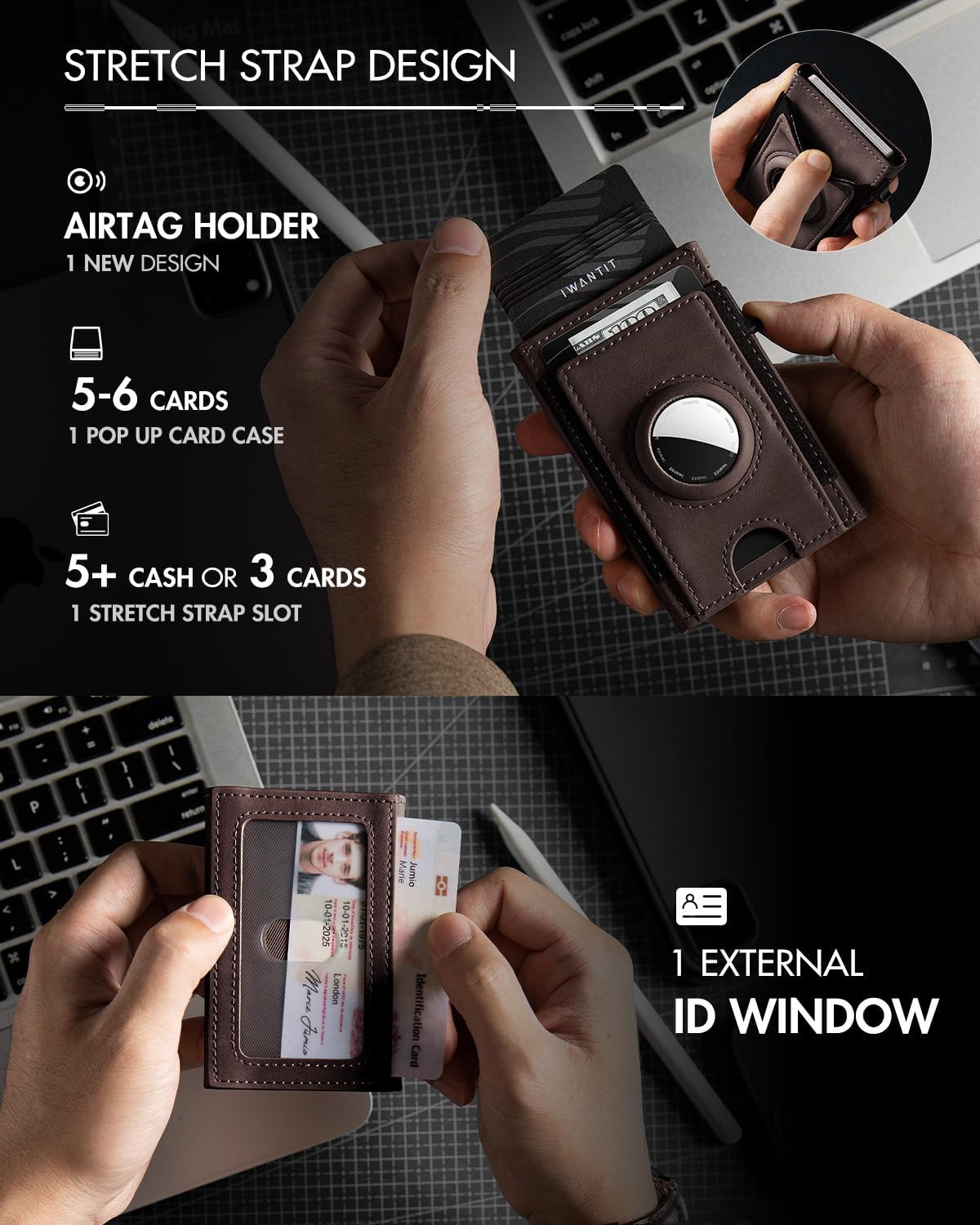 iwantit Slim Airtag Wallet for Men: Compatible with Apple Air tag (1st & 2nd Generation), Front Pocket Smart Pop Up Credit Card Holder with AirTag Holder ID Window, RFID Blocking(Vintage Brown) - Image 3