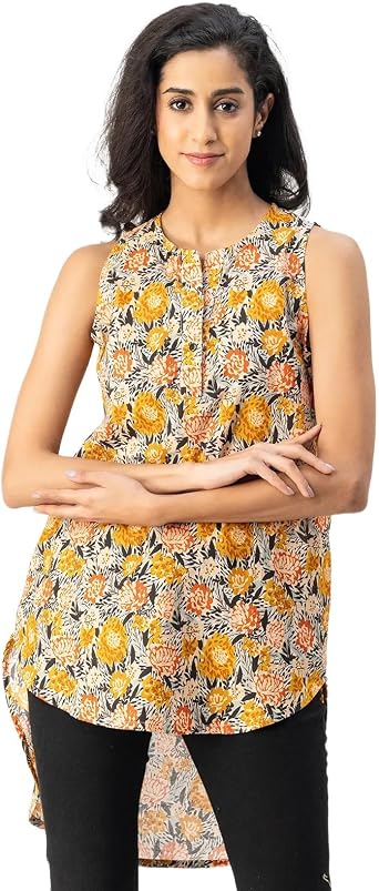 Moomaya Printed Cotton Sleeveless High-Low V Neck Top - Boho Style Top