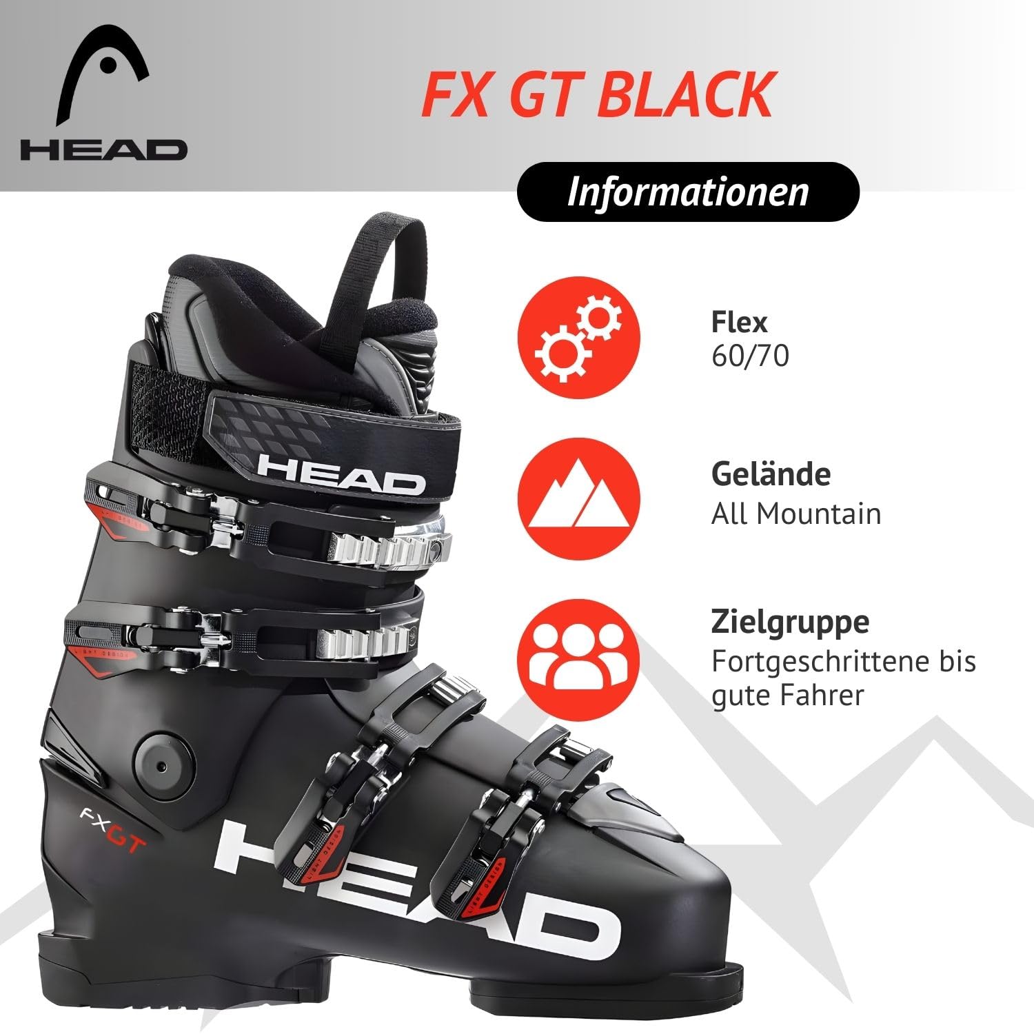 HEAD FX GT - Scarponi da sci da donna per uomo e donna, Flex 60-70 (uomo) Flex 50 (donna), vestibilità ampia e confortevole, per piloti avanzati e buoni