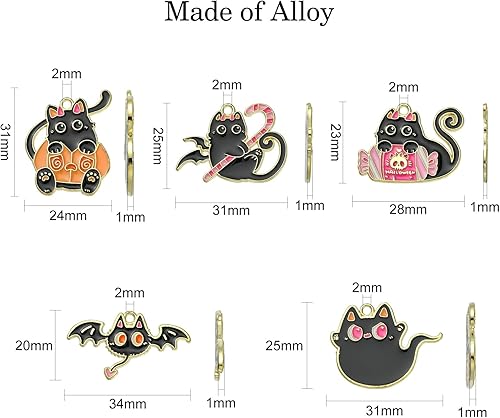 Miniatura 2 de LiQunSweet 25 dijes de 5 estilos de esmalte con temática de Halloween para mascotas, gato negro con caramelo, murciélago, fantasma, calabaza, dijes