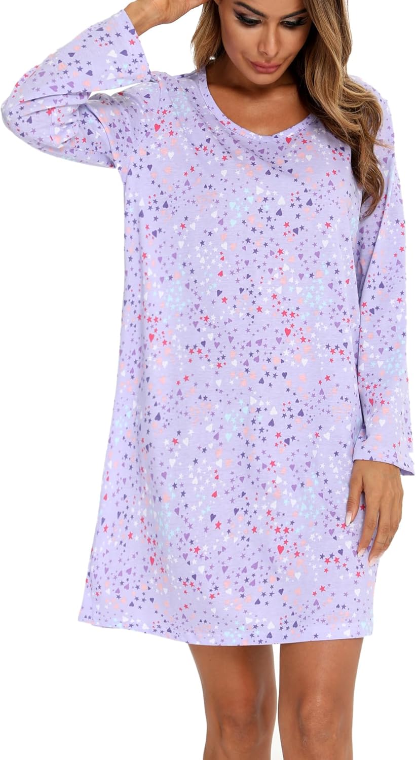 ENJOYNIGHT Women's Cotton Sleepwear Long Sleeves Nightgown Print Tee Sleep Dress - Image 5