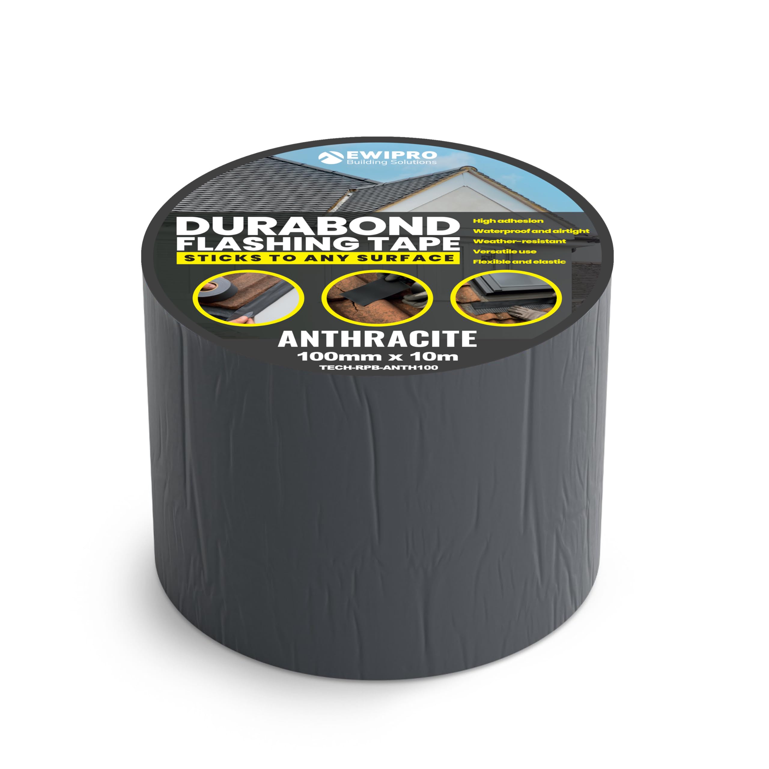 Durabond Butyl Flashing Tape 10m, EWI Pro, Self-Adhesive, Lead-Free, Waterproof, Outdoor Use, For Cracks, Leaks, Pipe, Roof Flashing, Sealing, Patching (Anthracite, 100mm)